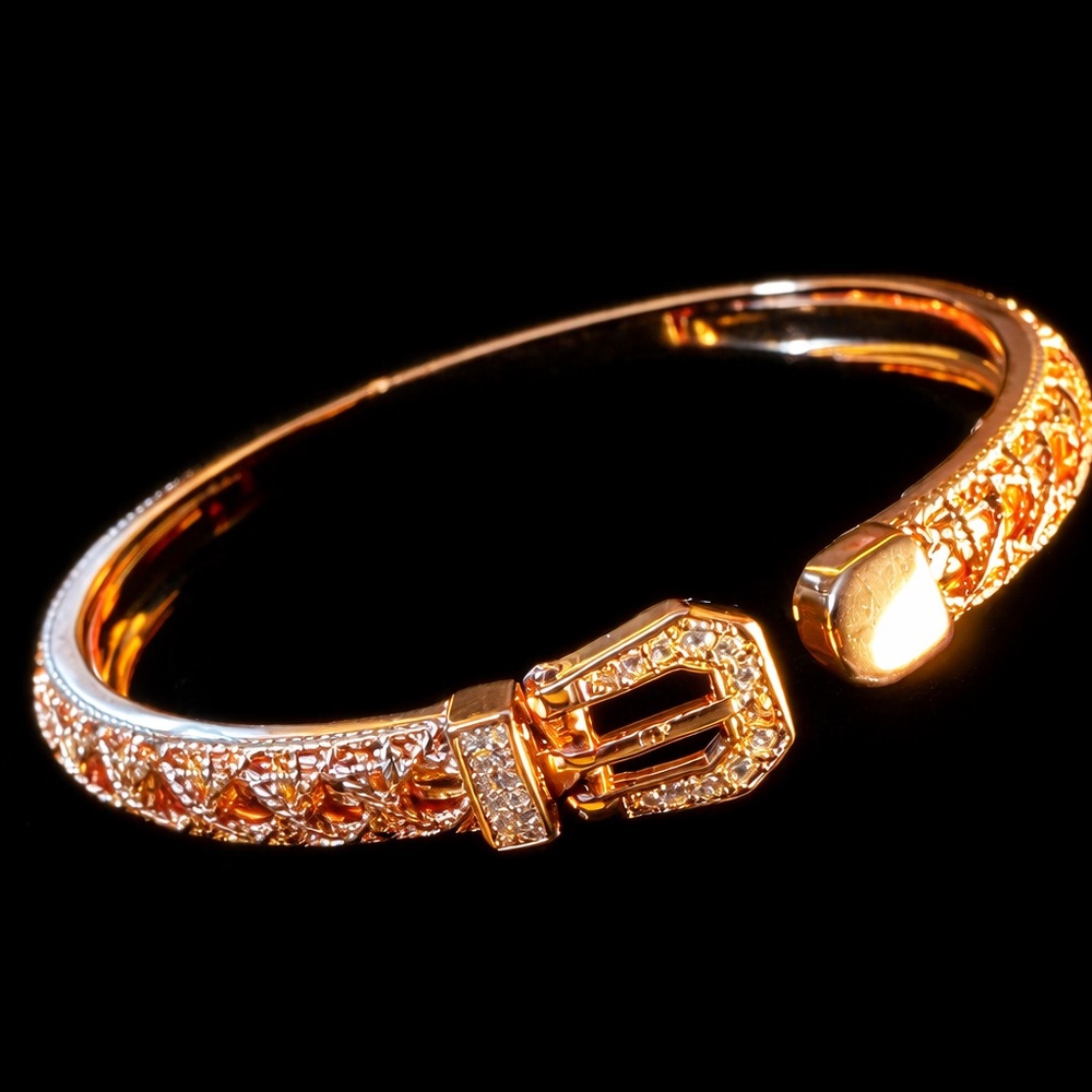 Rose Gold Belt Buckle Style Bangle Bracelet | Pavé Crystal Accents | Hinged Cuff